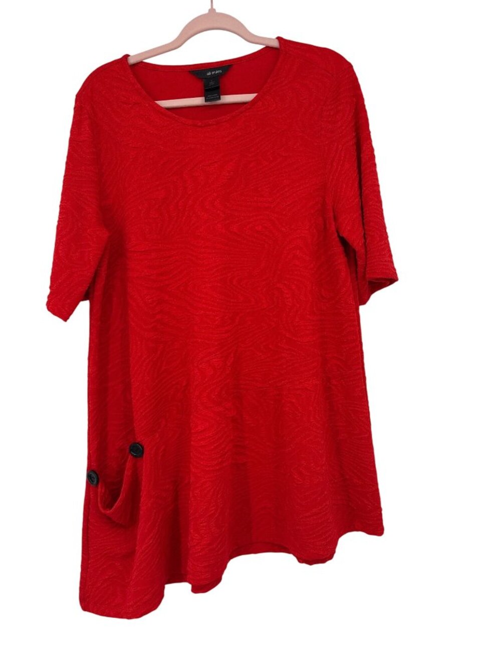 Ali Miles Red Textured Knit Tunic Top Pocket  Button Accents Womens Large
